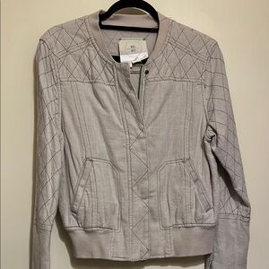 Gray Bomber Jacket with Ribbed Collar and Fitted Waistband